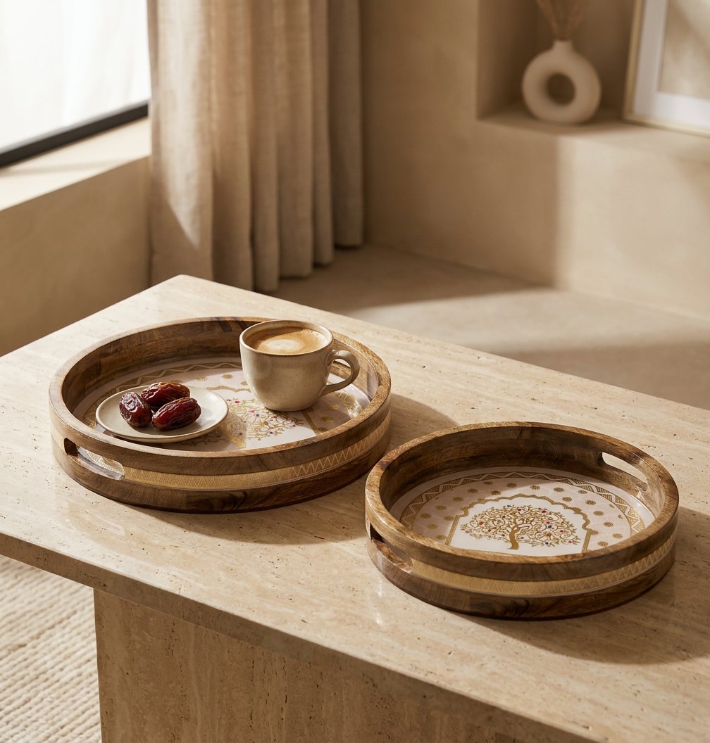 2 PC Tray Set 15MM (RN) in Vriksha design — handcrafted 15 mm solid seasoned wood 2 pc tray set 15mm (rn)