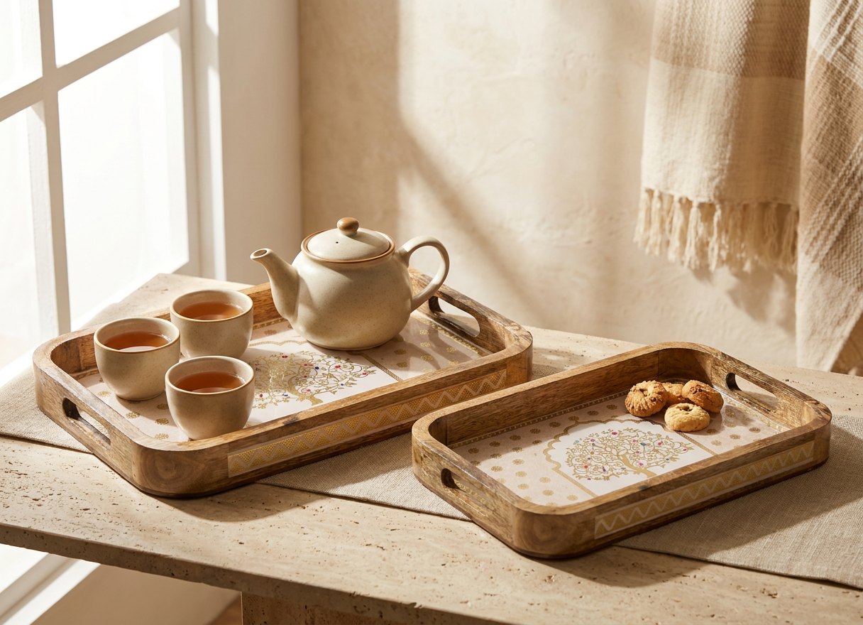 2 PC Tray Set 15MM (KG) in Vriksha design — handcrafted 15 mm solid seasoned wood 2 pc tray set 15mm (kg)