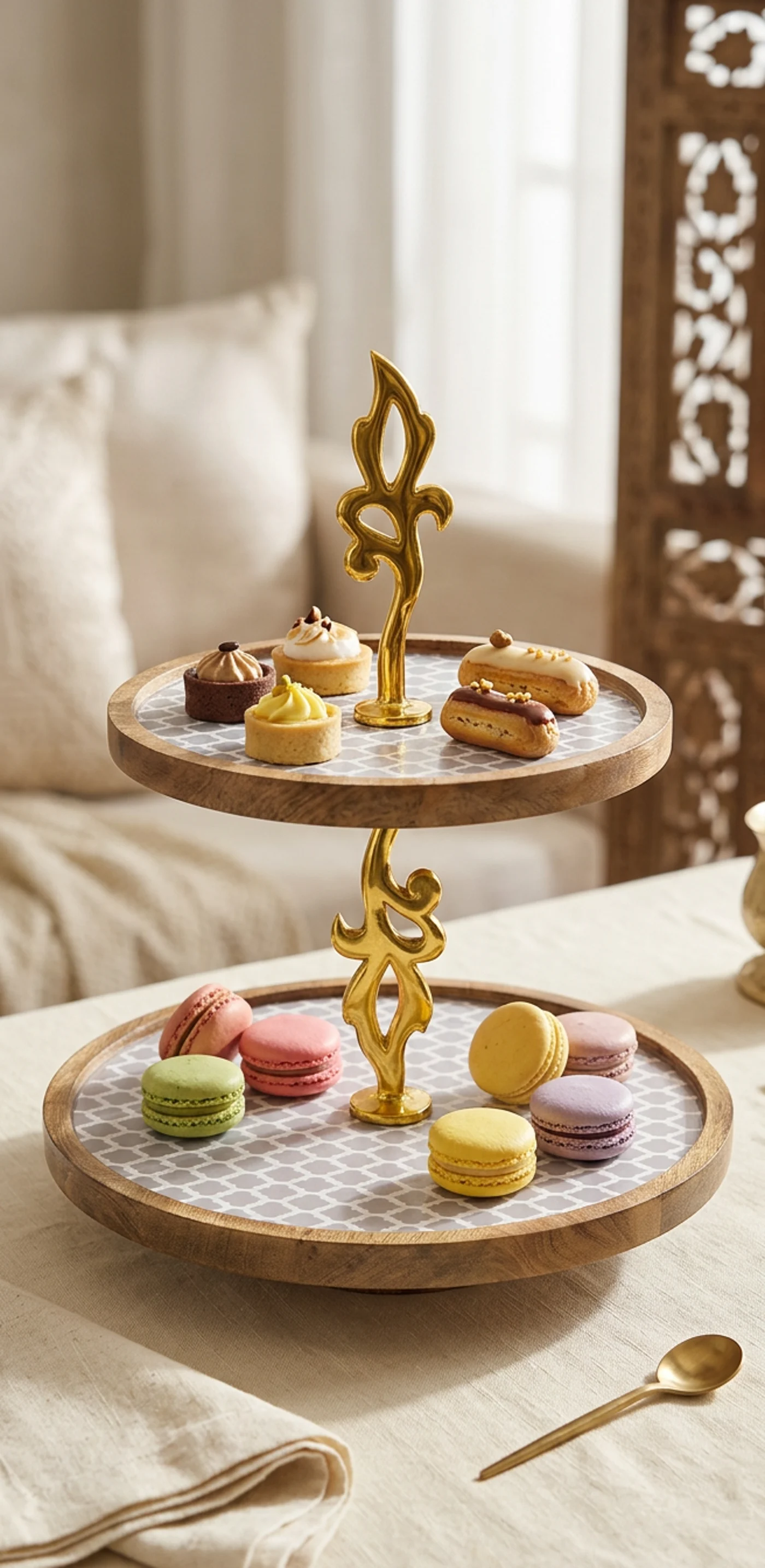 Double Layer Dessert Stand in Ivory Trellis design — handcrafted 15 mm solid seasoned wood double-tiered dessert stand