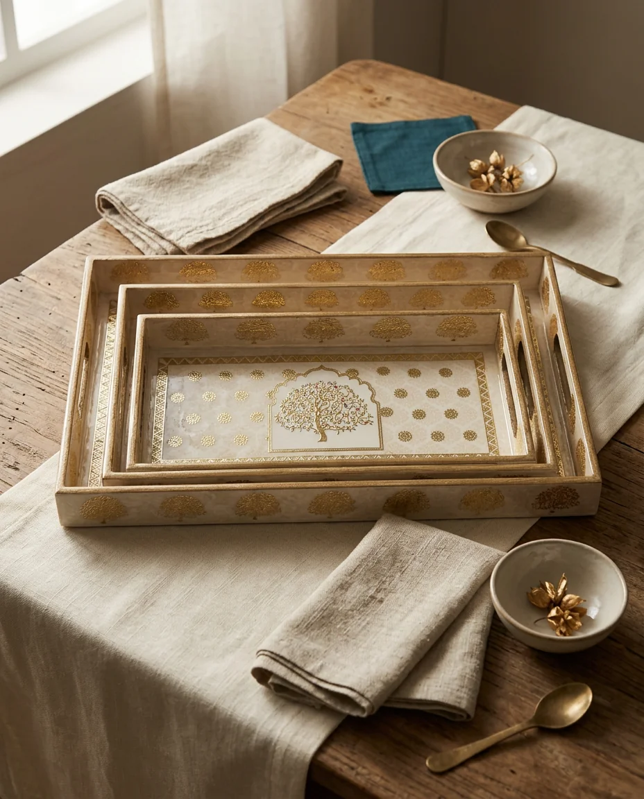 3 PC Tray Set 16x10" in Vriksha design — handcrafted solid seasoned wood 3 pc tray set 16x10"