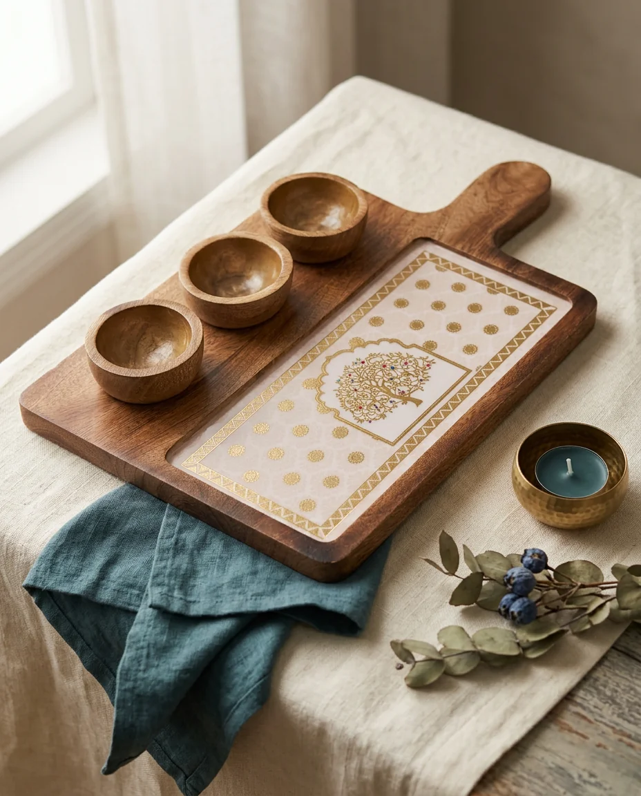 3 Bowl Platter in Vriksha design — handcrafted 15 mm solid seasoned wood 3 bowl platter