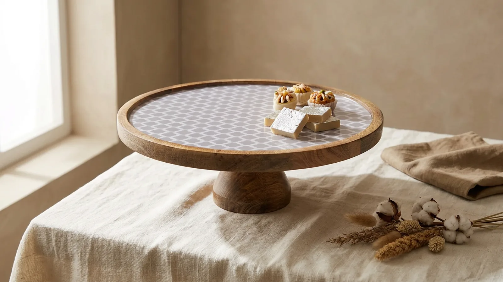 Single Layer Dessert Stand in Ivory Trellis design — handcrafted 15 mm solid seasoned wood cake single-layered dessert stand