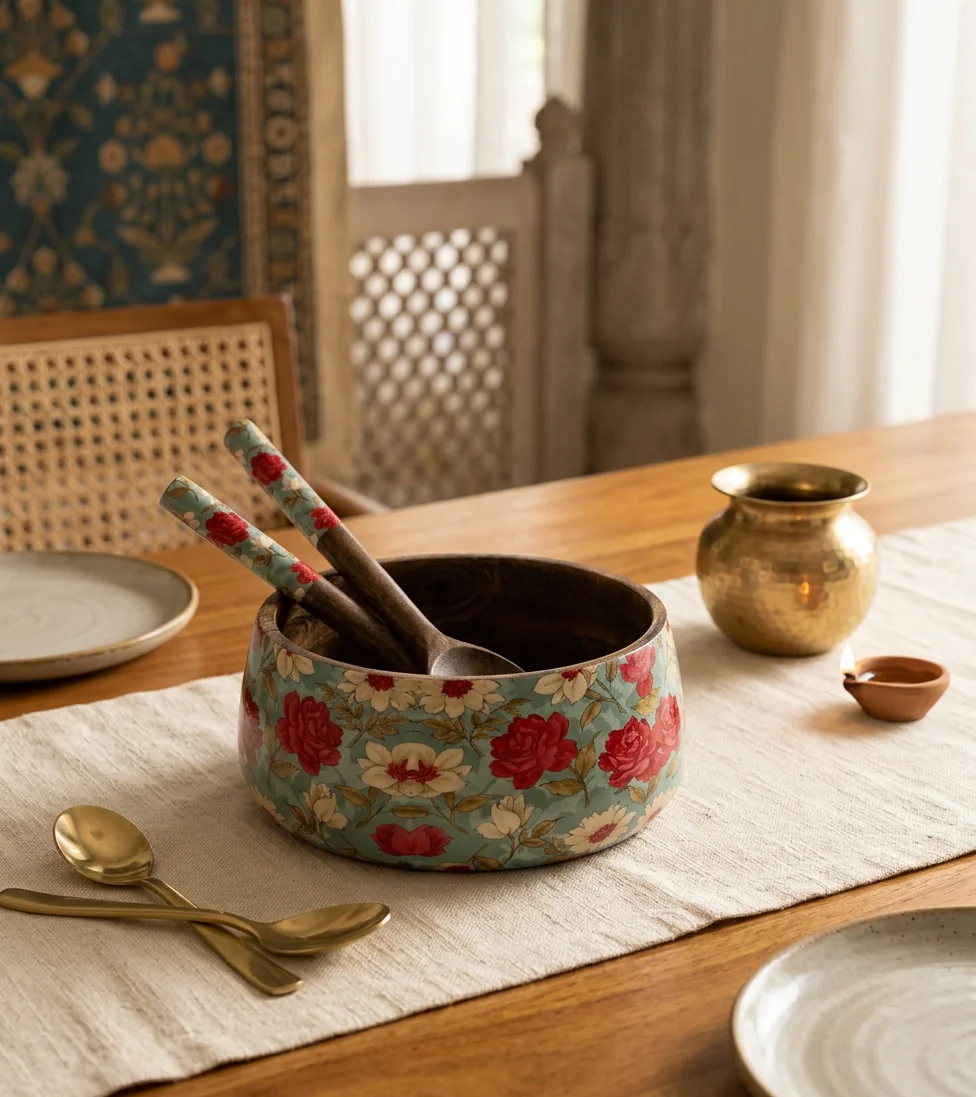 Salad Bowls in Rosé Garden design — handcrafted 15 mm solid seasoned wood salad bowls