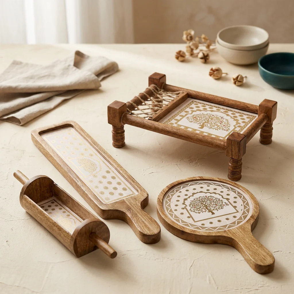 Khatiya Platter Set in Vriksha design — handcrafted 15 mm solid seasoned wood khatiya platter set