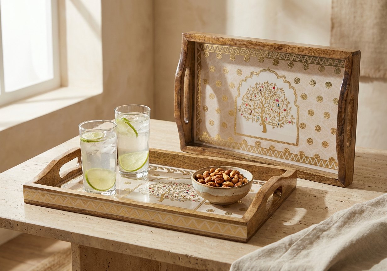 2 PC Tray Set 15MM (HH) in Vriksha design — handcrafted 15 mm solid seasoned wood 2 pc tray set 15mm (hh)