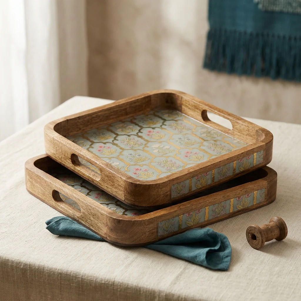 2 PC Tray Set 15MM (SQ) in Guljaal design — handcrafted 15 mm solid seasoned wood 2 pc tray set 15mm (sq)