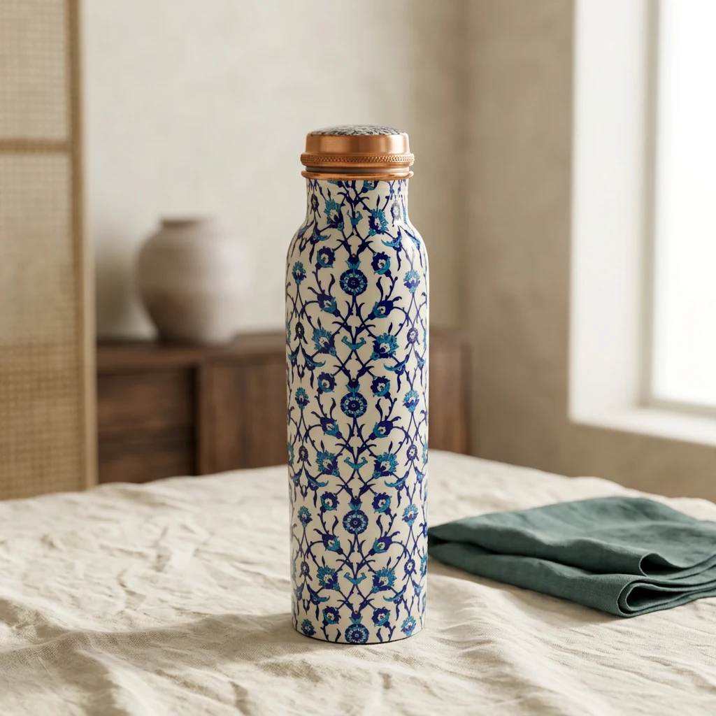 Copper Bottle (950ml) in Indigo Vine design — handcrafted pure copper copper bottle