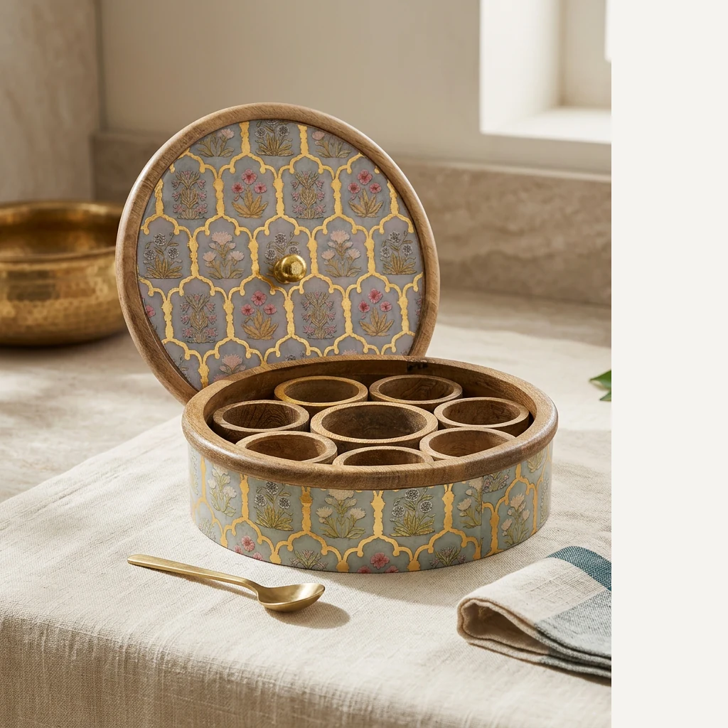Masala Box in D1 design — handcrafted solid seasoned wood masala box